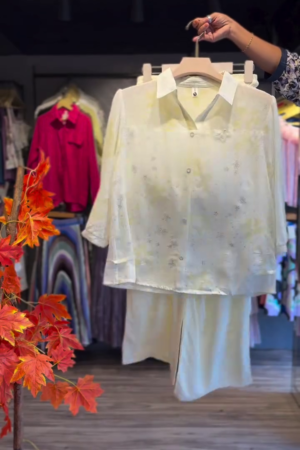 Women Cream Embellished Shirt Collar Top