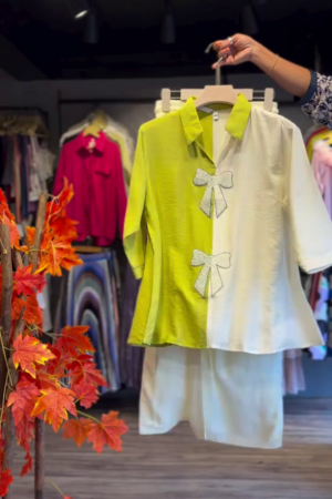 Green Embroidered V-Neck Tunic with Trousers Co-Ords Set