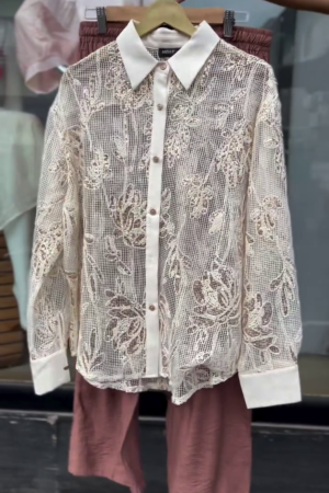 Floral Printed Spread Collar Long Sleeves Sheer Cotton Shirt