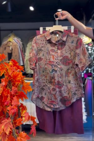 Print Mandarin Collar Shirt Style Top