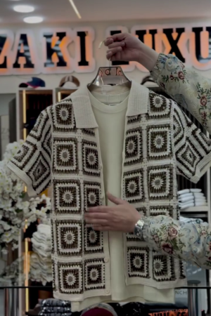BEIGE CROCHET KNITTED OVERSIZED SHIRT