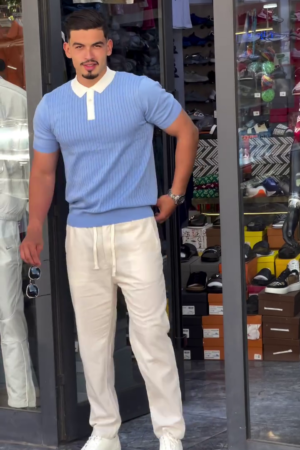 Blue Polo Collar Slim Fit Ribbed T-shirt